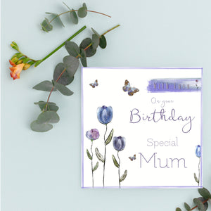 Birthday Card, Special Mum, Happy Birthday Card, Greeting Card, Happy Birthday Special Mum Birthday, Flowers and Butterflies. Mum Card.