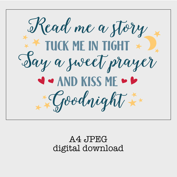 Read me a Story, Tuck me in a night, Digital download, Nursery Decor, A4 print, JPEG, Instant Download,