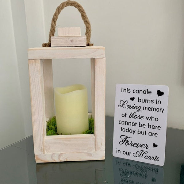 Memorial Lantern, This candle burns in loving memory of those who cannot be here today but are forever in our hearts. Rustic Wooden Lantern.