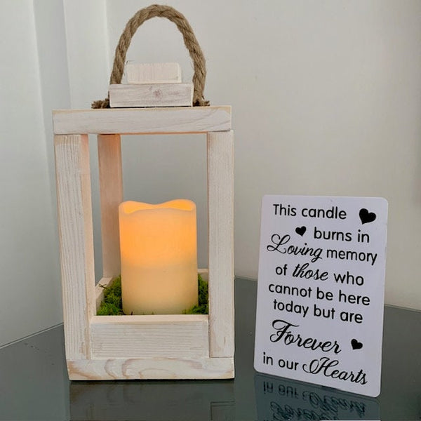 Memorial Lantern, This candle burns in loving memory of those who cannot be here today but are forever in our hearts. Rustic Wooden Lantern.