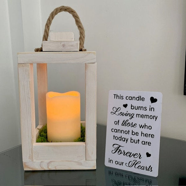 Memorial Lantern, This candle burns in loving memory of those who cannot be here today but are forever in our hearts. Rustic Wooden Lantern.