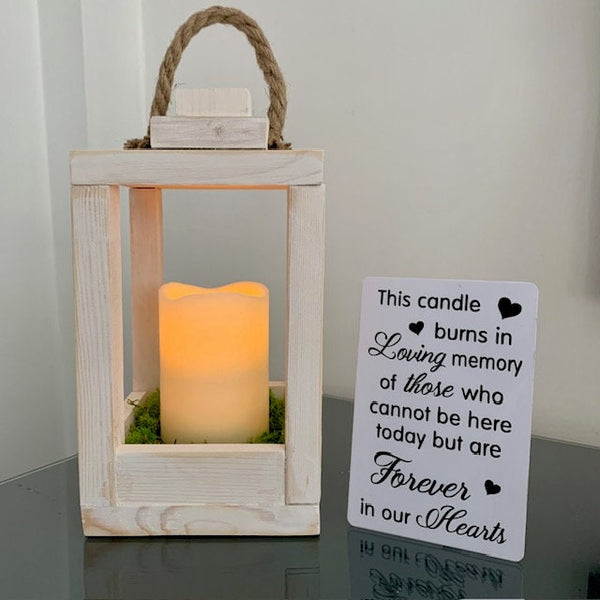 Memorial Lantern, This candle burns in loving memory of those who cannot be here today but are forever in our hearts. Rustic Wooden Lantern.