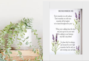 Remember me gift, Remembrance Gift, Grieving Gift, Mourning Gift, Memory Photo Frame, Remember Me Poem, Lavender/Memory Print and Frame