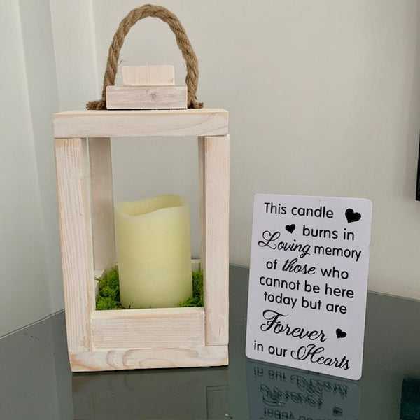 Memorial Lantern, This candle burns in loving memory of those who cannot be here today but are forever in our hearts. Rustic Wooden Lantern.