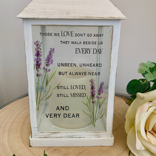 Those we love don't go away, they walk beside us every day, Memorial Lantern, Wedding Lantern, Sympathy Gift, Grieving Gift, Light Up Candle