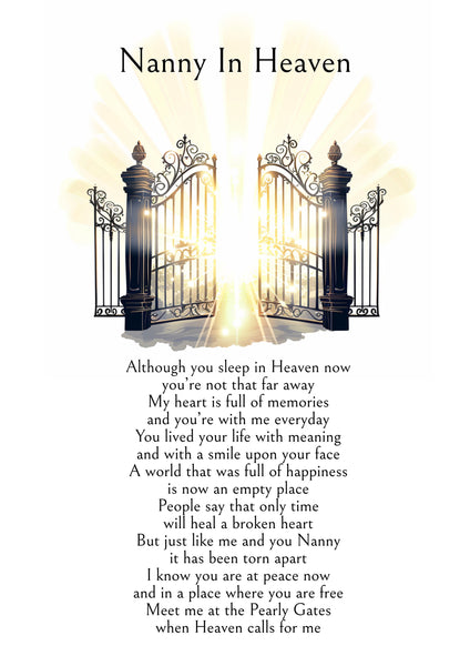 Digital download, The Gates of Heaven, Memorial Quote, Nanny in Heaven, DIY Art print, Grieving Gift. Mourning Gift.