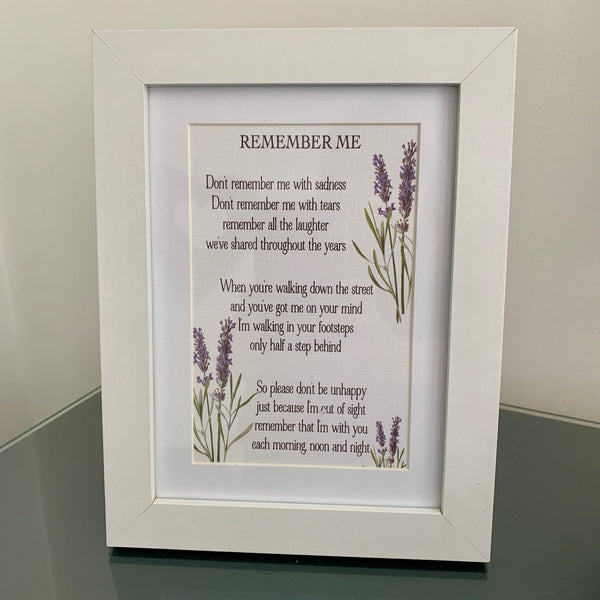 Remember me gift, Remembrance Gift, Grieving Gift, Mourning Gift, Memory Photo Frame, Remember Me Poem, Lavender/Memory Print and Frame