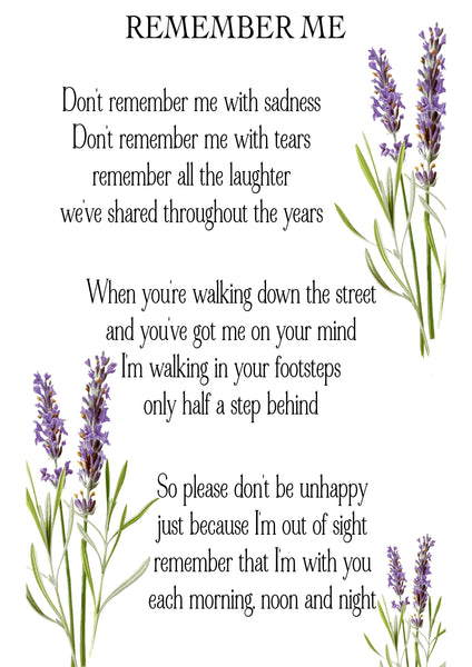 Remember me gift, Remembrance Gift, Grieving Gift, Mourning Gift, Memory Photo Frame, Remember Me Poem, Lavender/Memory Print and Frame