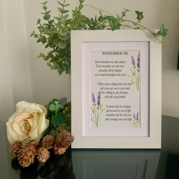 Remember me gift, Remembrance Gift, Grieving Gift, Mourning Gift, Memory Photo Frame, Remember Me Poem, Lavender/Memory Print and Frame