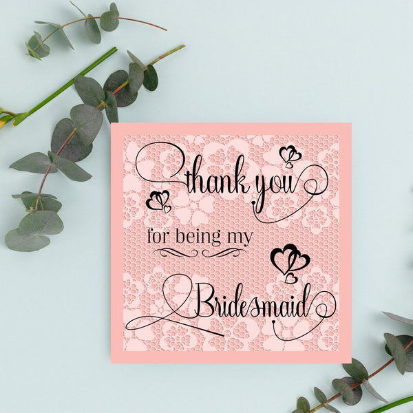 Thank you for being my Bridesmaid, Thank you Card, Pink Card, Bridemaid Card, Blank Card, Handmade Card. Winter wedding stationery.