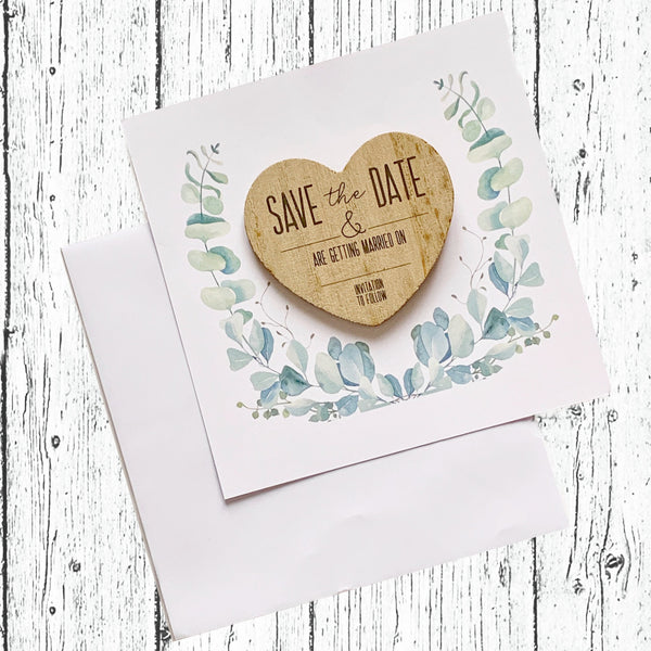 Save the Date, Wedding Invitations, Bride and Groom, Eucalyptus stationary, Magnetic Save the Date Heart, Save the Date Card, fridge magnet.