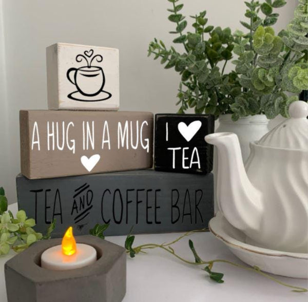 Coffee Block Wooden Signs, Kitchen Decor, Tea and Coffee Bar, Hug In A Mug, I Love Coffee, I Love Tea, Kitchen Signs, New Home/Moving Gift.