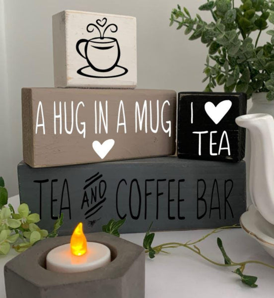 Coffee Block Wooden Signs, Kitchen Decor, Tea and Coffee Bar, Hug In A Mug, I Love Coffee, I Love Tea, Kitchen Signs, New Home/Moving Gift.