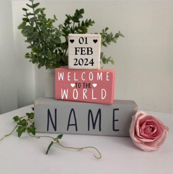 Wooden Baby Birth Blocks, New Born Gift, Personalised Wooden Baby Blocks, Nursery Decoration, Shelf sitters, Handmade Wooden Block signs.