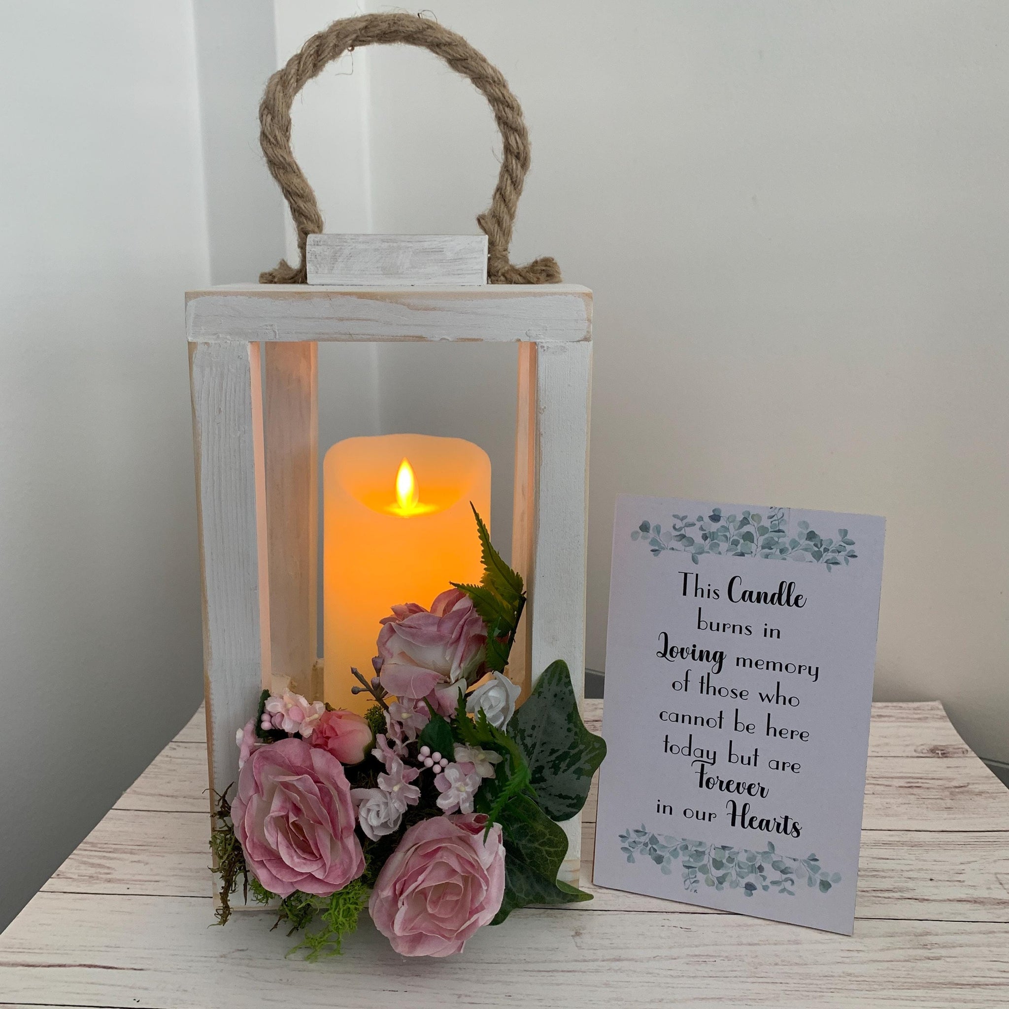 Memorial Lantern, This candle burns in loving memory of those who cannot be here today but are forever in our hearts. Wooden Lantern.