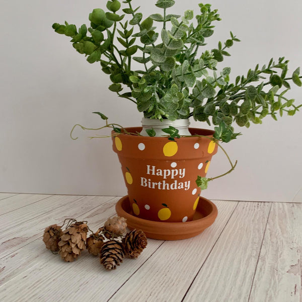 Plant Pot, Happy Birthday Name, Nanny Gift, Terracotta Pot with Saucer. Personalised Birthday Gift. Lemons and dots design. 13 cm diameter.