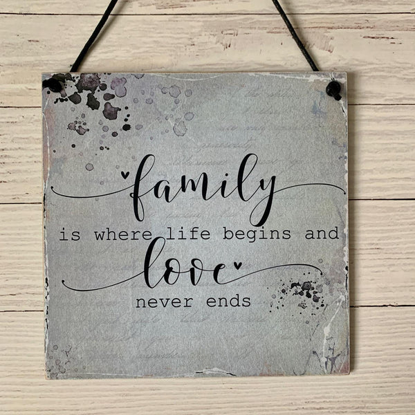 Wooden Sign, Family Quote, Family is where life begins and Love never end, wall hanging, home decor, wooden sign, 15 cm x 15 cm. Handmade.