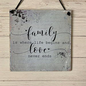 Wooden Sign, Family Quote, Family is where life begins and Love never end, wall hanging, home decor, wooden sign, 15 cm x 15 cm. Handmade.