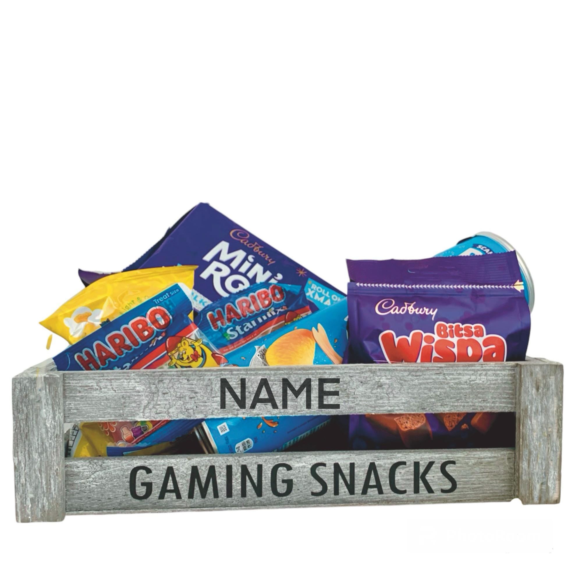 Wooden Hamper Box, Gaming Snacks Crate, Birthday Crate, Anniversary Gift, Hamper, Keepsake Box, Personalised Grey Wooden Crate Gift.