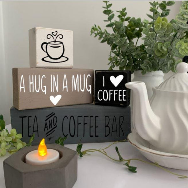 Coffee Block Wooden Signs, Kitchen Decor, Tea and Coffee Bar, Hug In A Mug, I Love Coffee, I Love Tea, Kitchen Signs, New Home/Moving Gift.