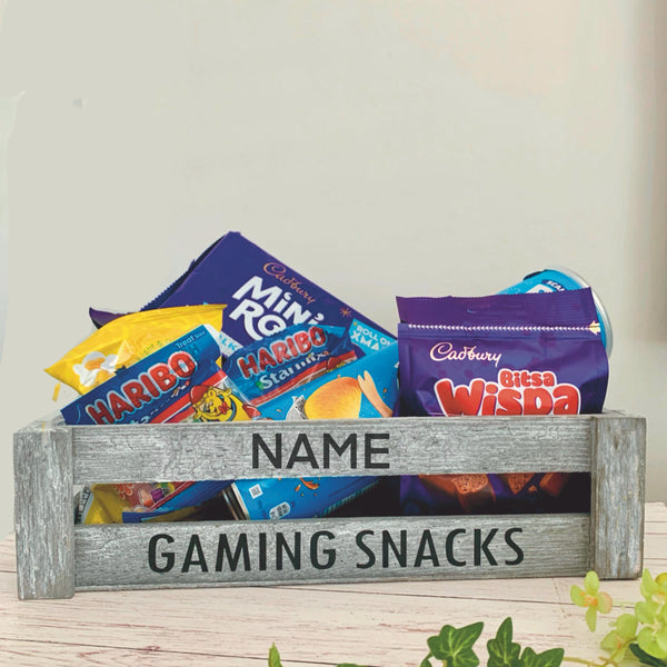 Wooden Hamper Box, Gaming Snacks Crate, Birthday Crate, Anniversary Gift, Hamper, Keepsake Box, Personalised Grey Wooden Crate Gift.