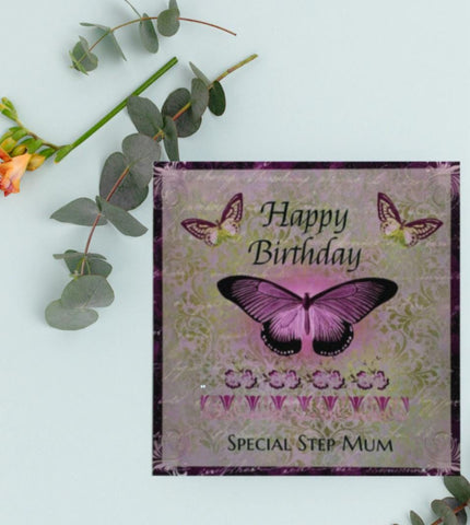 Birthday Card, Step Mum Card, Happy Birthday Card, Greeting Card, Butterfly card. Pink/Purple Card, Card for Her, Step Mum.