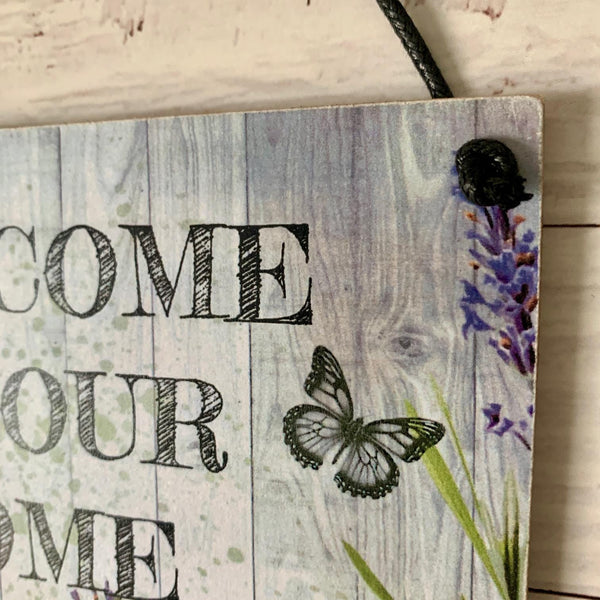 Welcome to our Home,  15 cm decoupaged Wooden Plaque, New Home Gift, Wooden Sign, Lavender Inspired Sign.