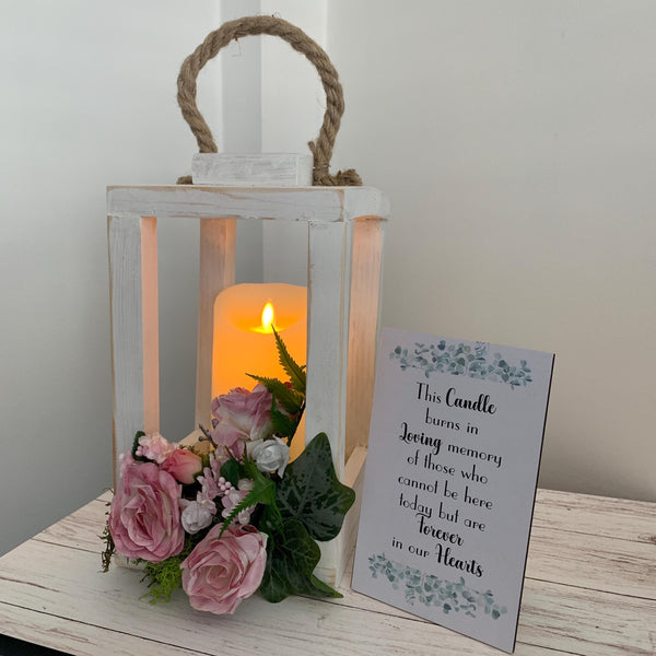 Memorial Lantern, This candle burns in loving memory of those who cannot be here today but are forever in our hearts. Wooden Lantern.