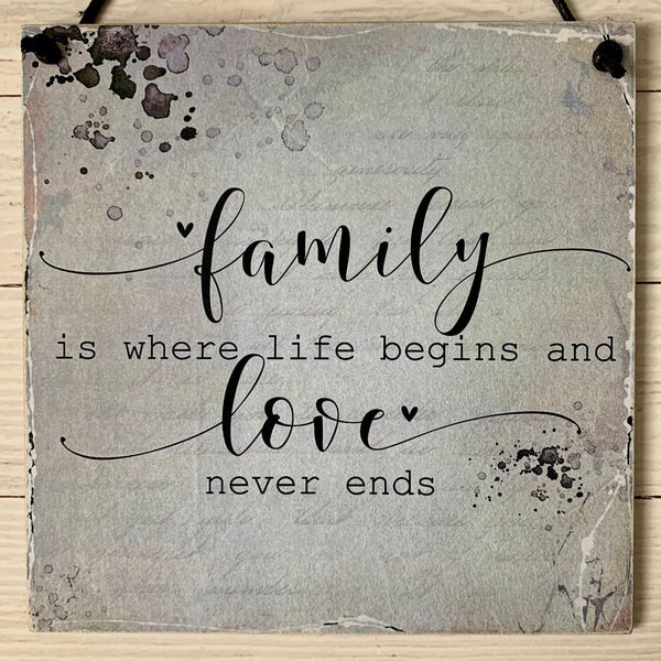 Wooden Sign, Family Quote, Family is where life begins and Love never end, wall hanging, home decor, wooden sign, 15 cm x 15 cm. Handmade.