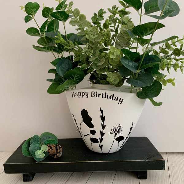 Plant Pot, Happy Birthday Gift, Personalized Gift, Flower Vase, Birthday Gift. Happy Birthday Flower Pot or Vase. Black and white Floral.