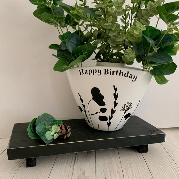 Plant Pot, Happy Birthday Gift, Personalized Gift, Flower Vase, Birthday Gift. Happy Birthday Flower Pot or Vase. Black and white Floral.