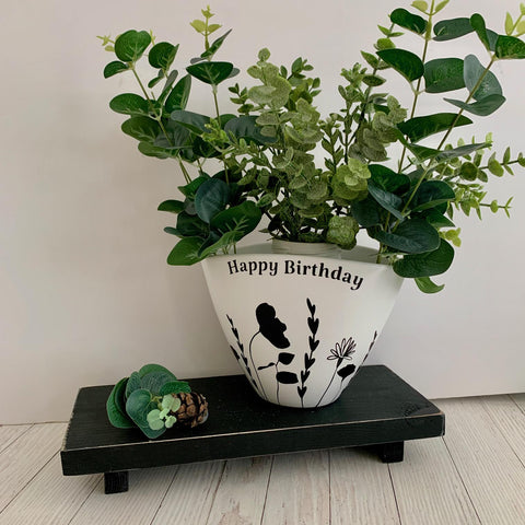 Plant Pot, Happy Birthday Gift, Personalized Gift, Flower Vase, Birthday Gift. Happy Birthday Flower Pot or Vase. Black and white Floral.