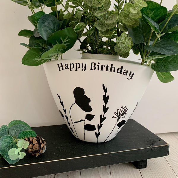 Plant Pot, Happy Birthday Gift, Personalized Gift, Flower Vase, Birthday Gift. Happy Birthday Flower Pot or Vase. Black and white Floral.