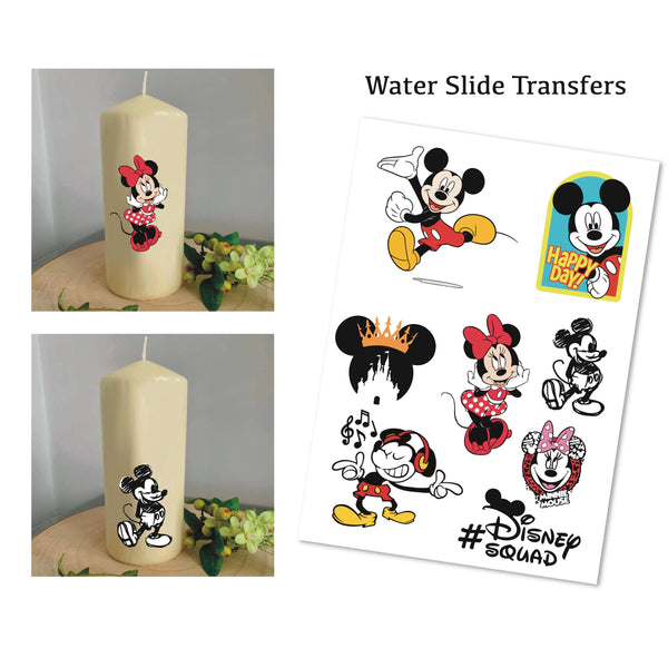 Disney Water Slides, Water slide film, Disneyland, Mickey Mouse Transfers, Minnie Mouse Transfers, make your own gifts, Candle water slides.