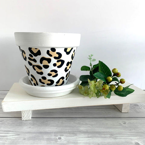 White Black and Gold Leopard Print Plant Pot | 13 cm Flower Pot | Stylish Home Decor | Perfect Birthday, Housewarming Gift, Christmas Gift.